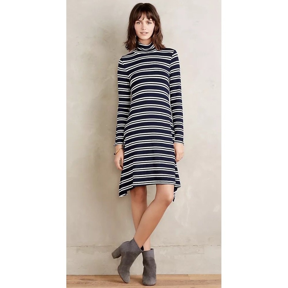 Maeve Turtleneck Swing Dress Women XS Navy Blue Striped Long Sleeve Preppy